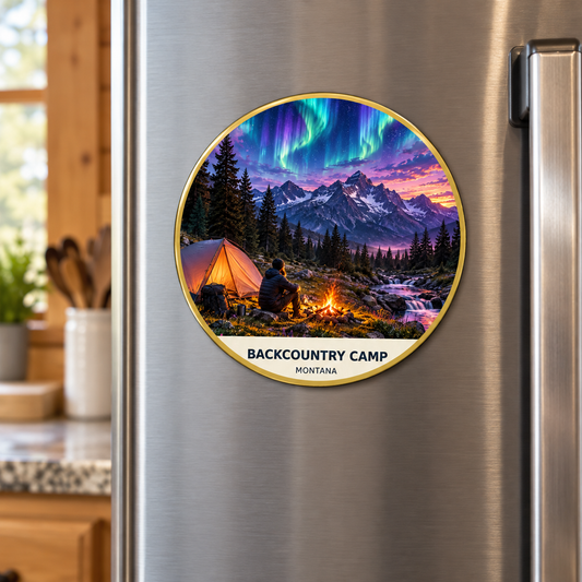 Backcountry Camp Fusion 2-inch printed magnet on a refrigerator