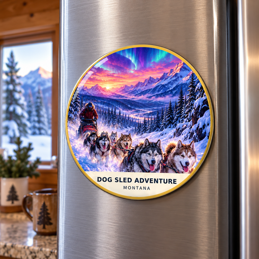 Dog Sled Adventure Fusion printed magnet on a refrigerator