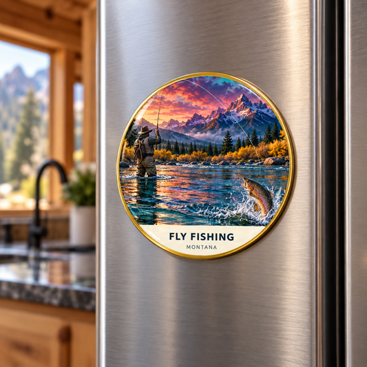 Fly Fishing Fusion printed magnet on a refrigerator