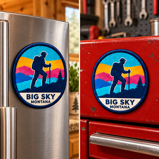 Big Sky Montana — Big Sky Hiker Magnet lifestyle scene: refrigerator and toolbox