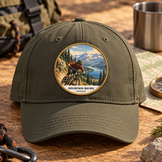 Mountain Biking Classic 2-inch patch shown on a cap