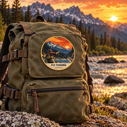 Fly Fishing Retro UV printed patch on a backpack