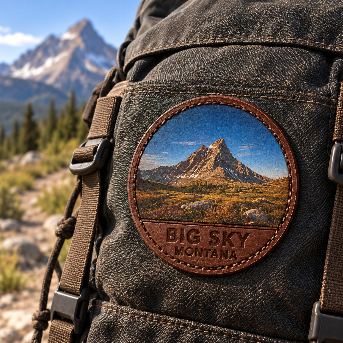 Trailmark Lone Peak leather patch sewn onto a hiking backpack outdoors
