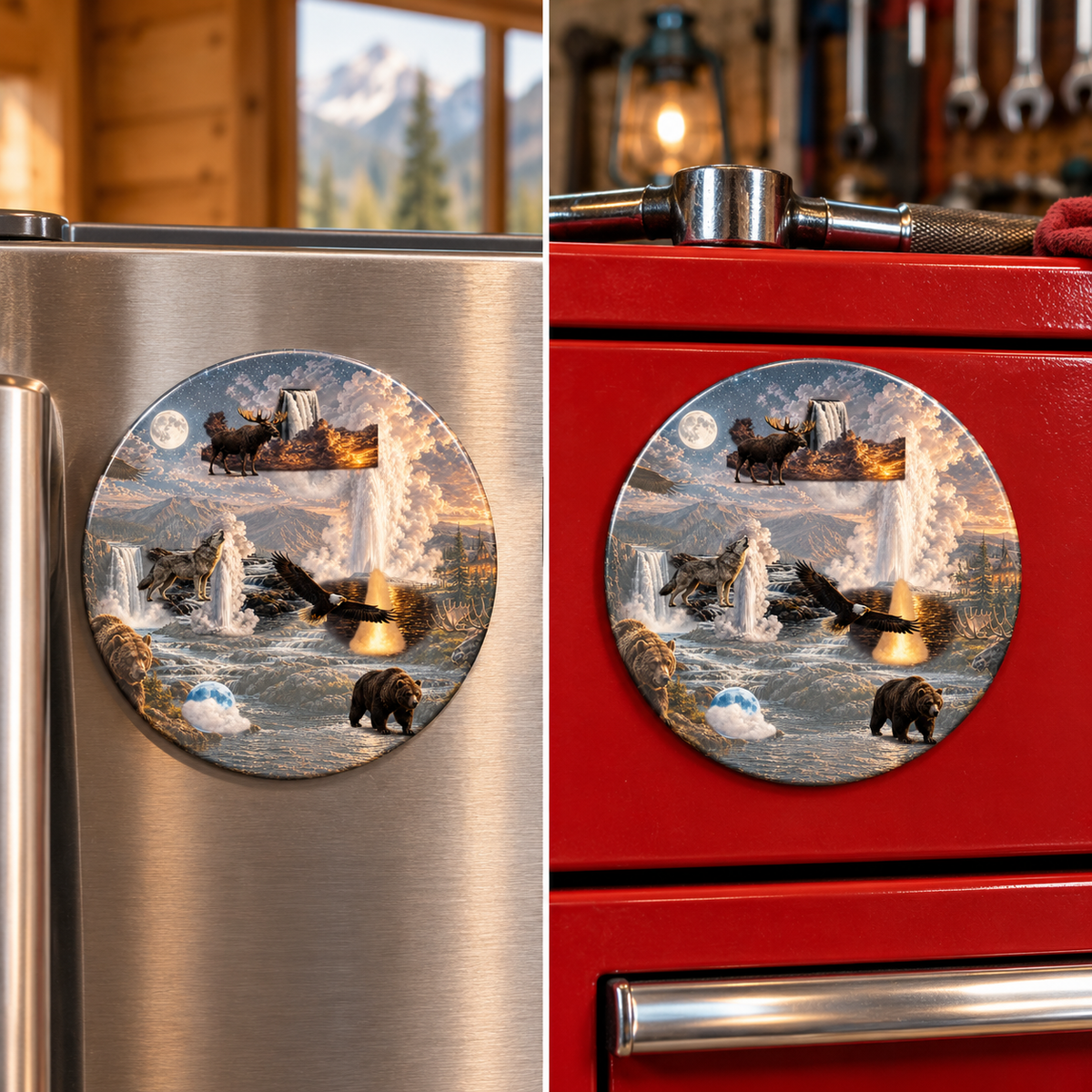 Yellowstone Magnet lifestyle scene: refrigerator and toolbox