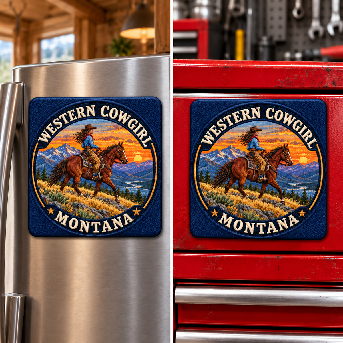 Square Western Cowgirl Overlook magnet shown on a refrigerator and toolbox