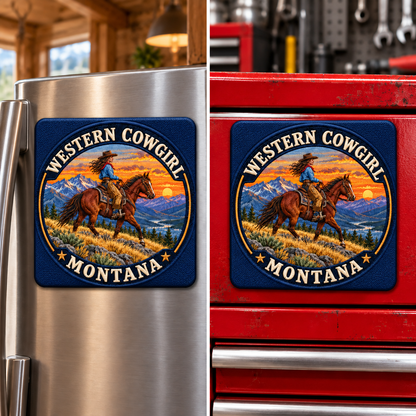 Square Western Cowgirl Overlook magnet shown on a refrigerator and toolbox