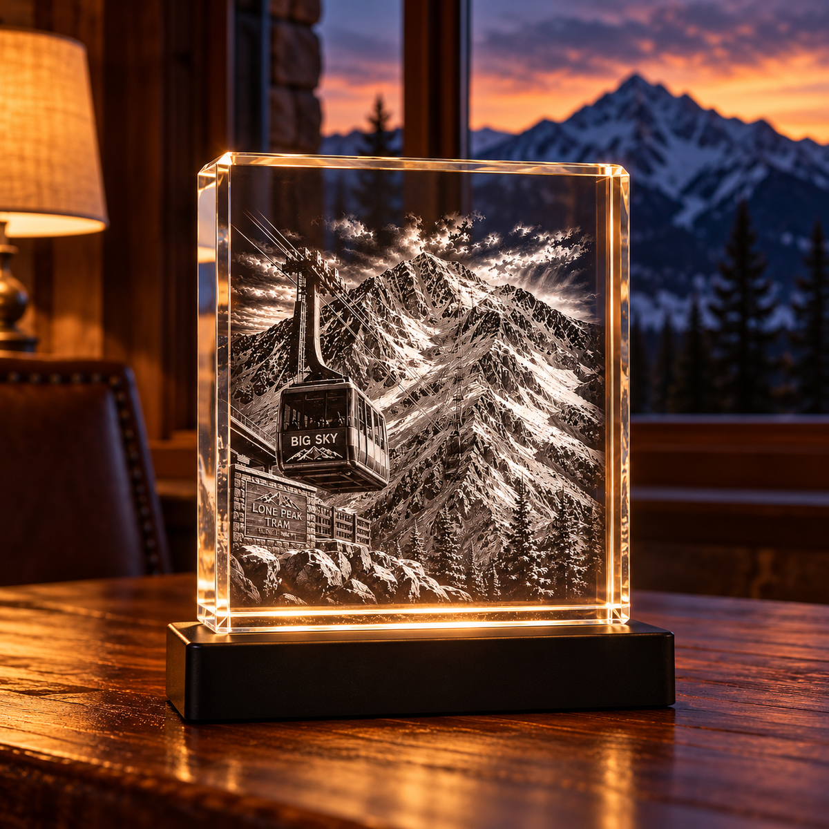 Lone Peak Tram K9 crystal award displayed on a lodge desk with mountain view