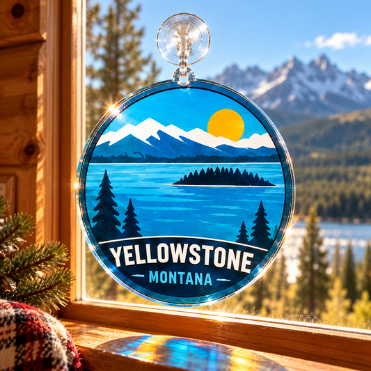Yellowstone Yellowstone Lake acrylic suncatcher hanging in a sunny cabin window