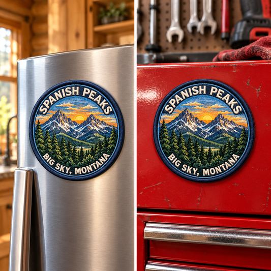Big Sky Montana — Spanish Peaks Magnet lifestyle scene: refrigerator and toolbox
