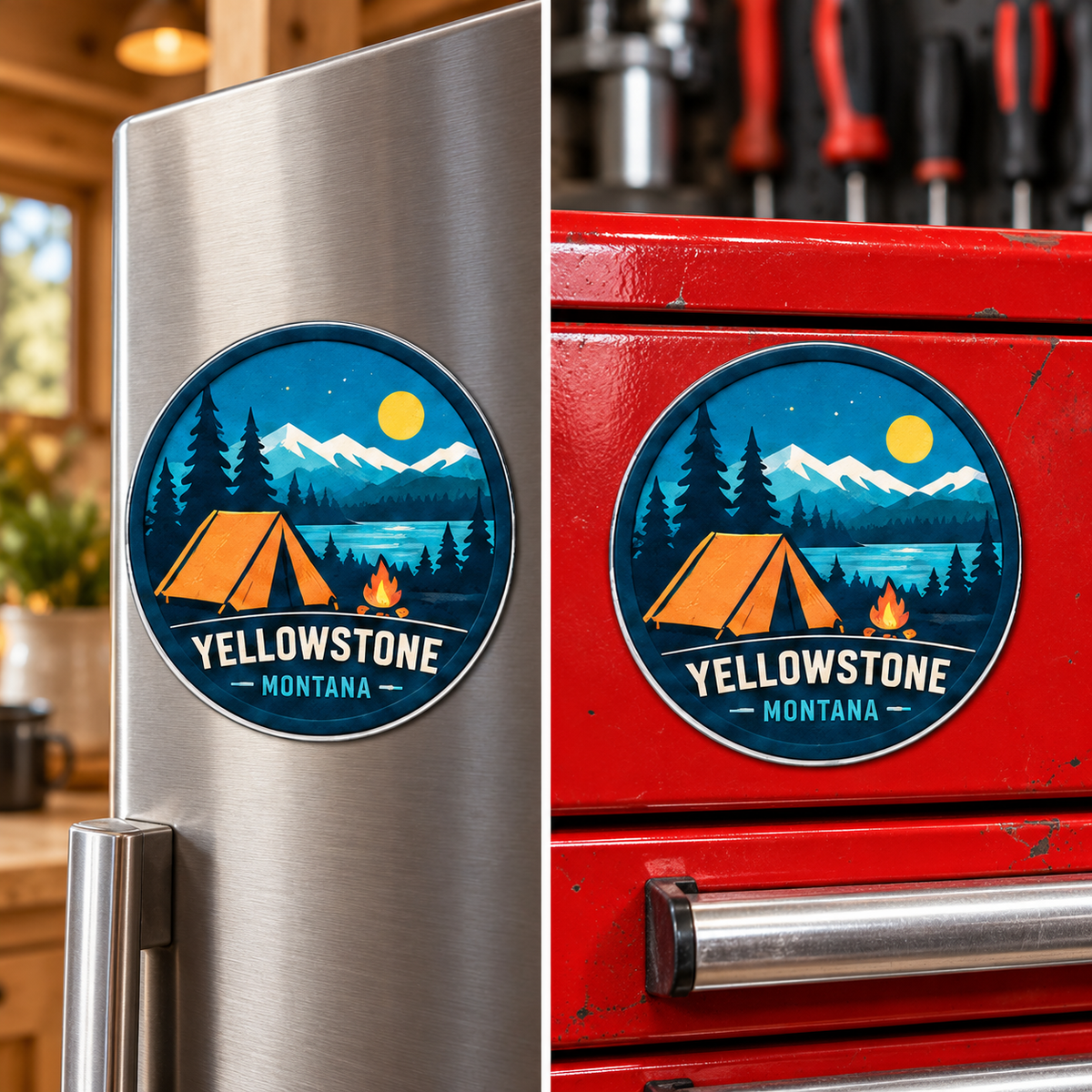 Yellowstone — Camping Magnet lifestyle scene: refrigerator and toolbox
