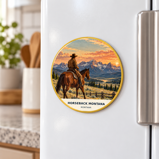 Horseback Montana Classic magnet lifestyle on refrigerator