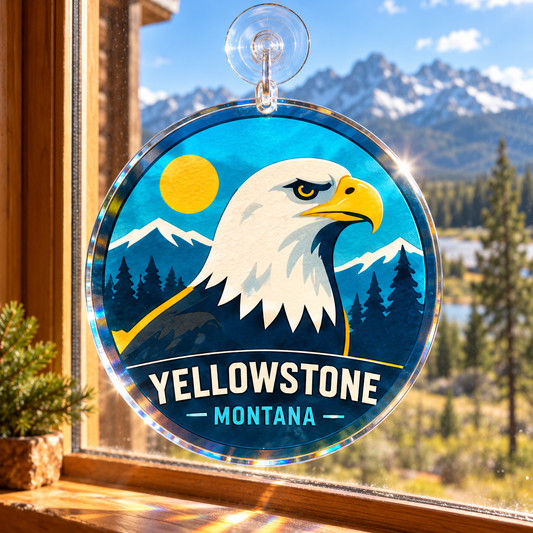 Yellowstone Bald Eagle acrylic suncatcher hanging in a sunny cabin window