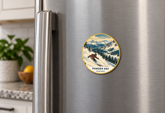 Powder Day Montana Classic magnet on refrigerator