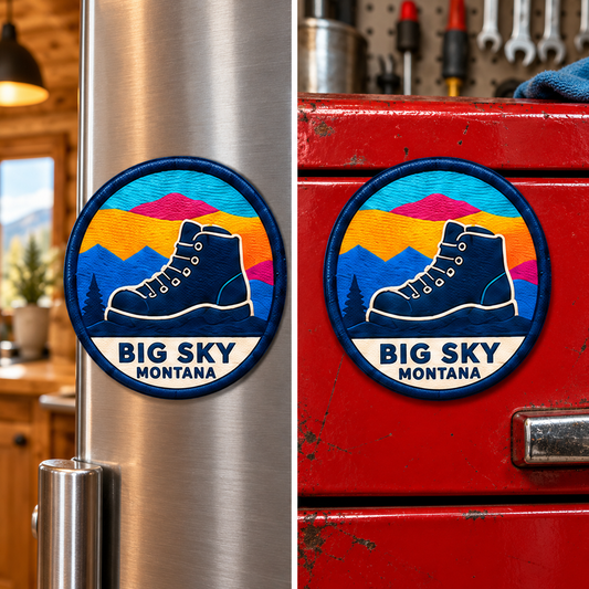 Big Sky Montana — Hiking Boot Magnet lifestyle scene: refrigerator and toolbox