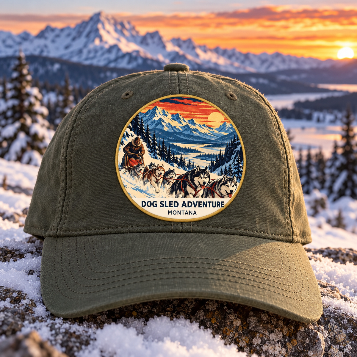 Dog Sled Adventure Retro UV printed patch on a cap