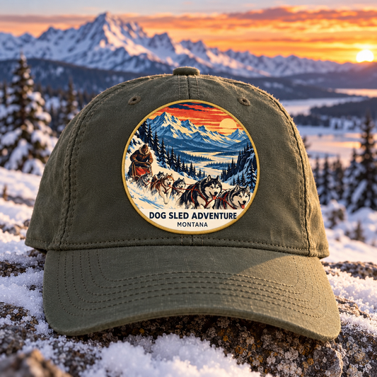 Dog Sled Adventure Retro UV printed patch on a cap