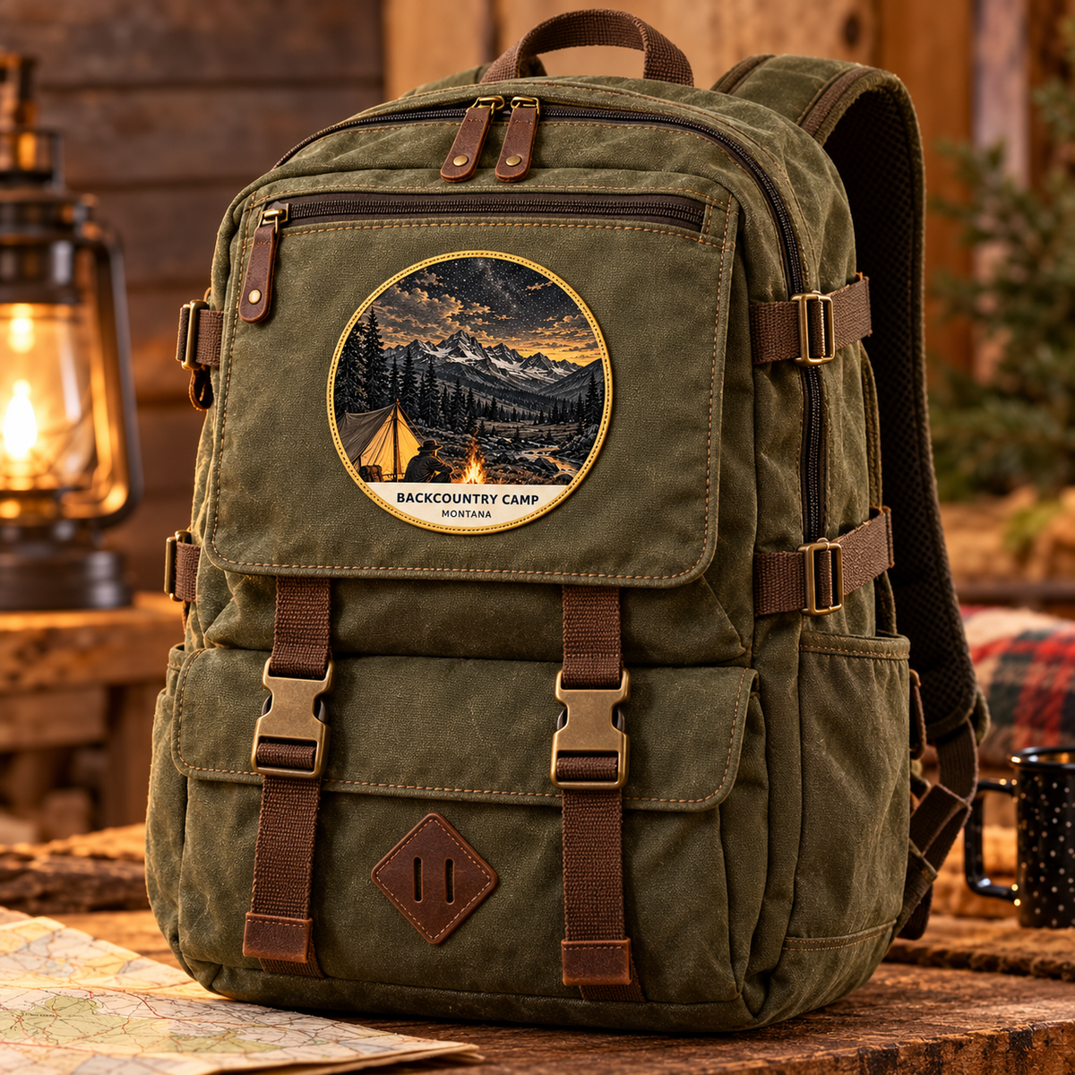 Backcountry Camp Signature patch lifestyle on olive backpack