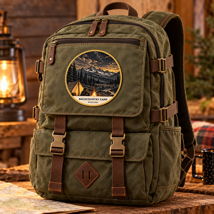 Backcountry Camp Signature patch lifestyle on olive backpack