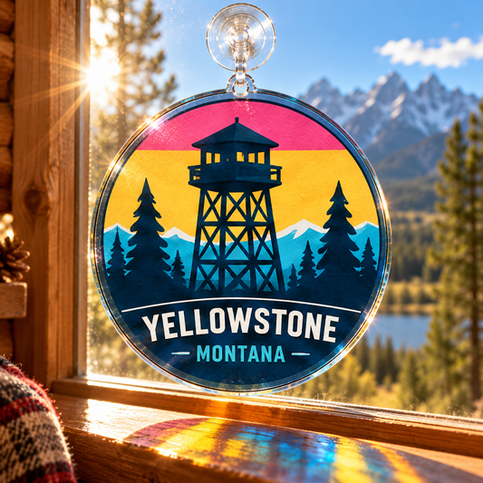 Yellowstone Ranger Tower acrylic suncatcher hanging in a sunny cabin window