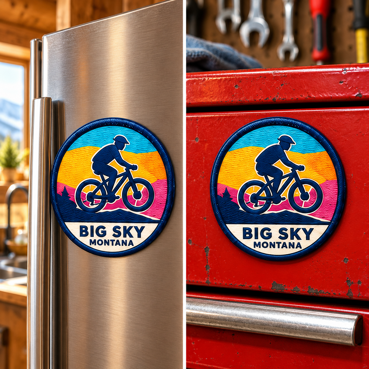 Big Sky Montana — Mountain Bike Magnet lifestyle scene: refrigerator and toolbox