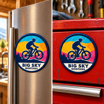 Big Sky Montana — Mountain Bike Magnet lifestyle scene: refrigerator and toolbox
