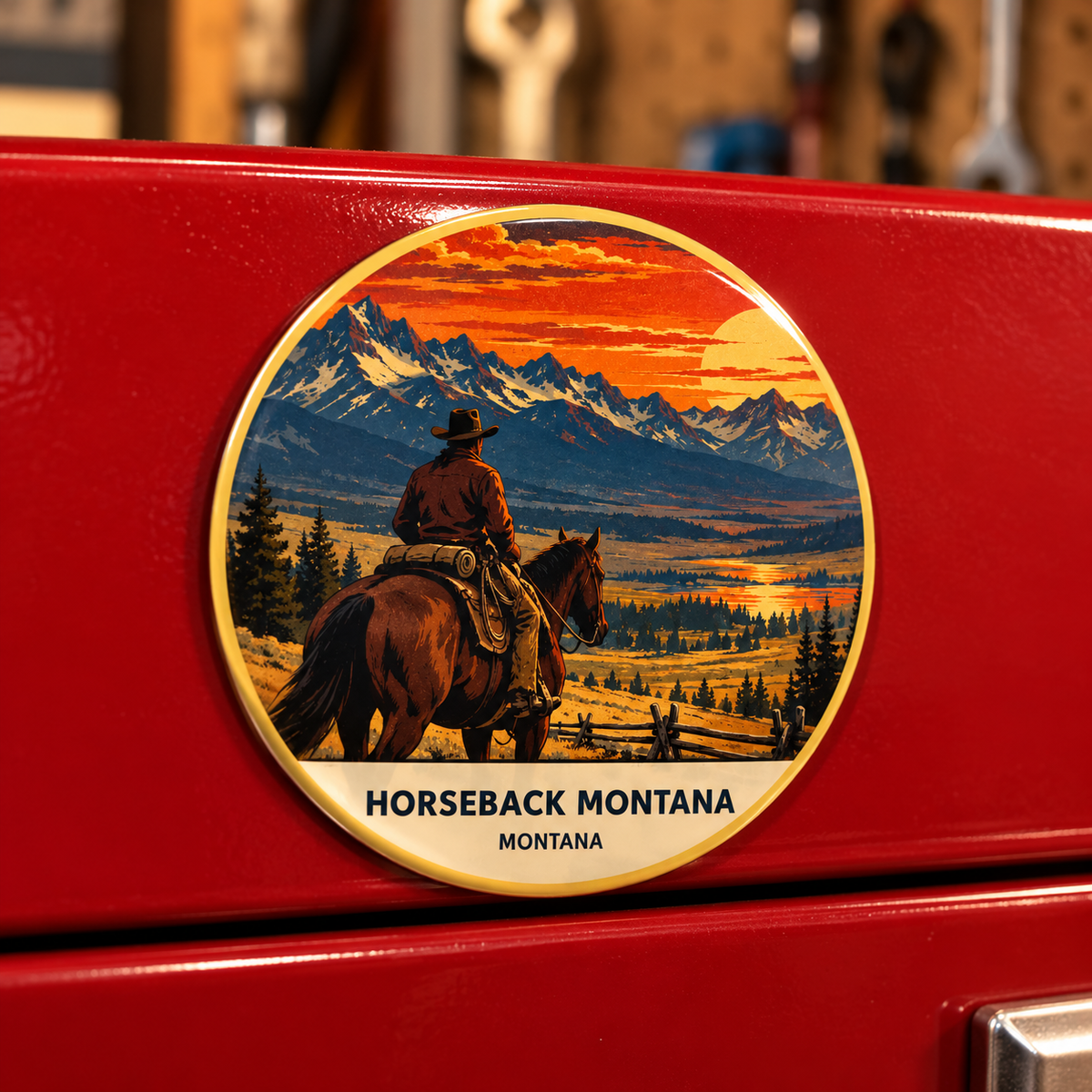 Horseback Montana Retro magnet lifestyle on toolbox
