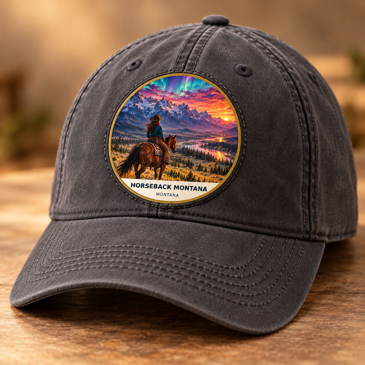 Horseback Montana Fusion patch lifestyle on charcoal cap