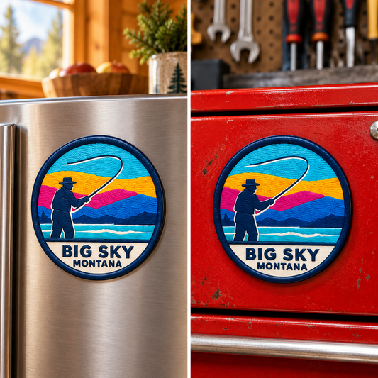 Big Sky Montana — Fly Fisherman Magnet lifestyle scene: refrigerator and toolbox
