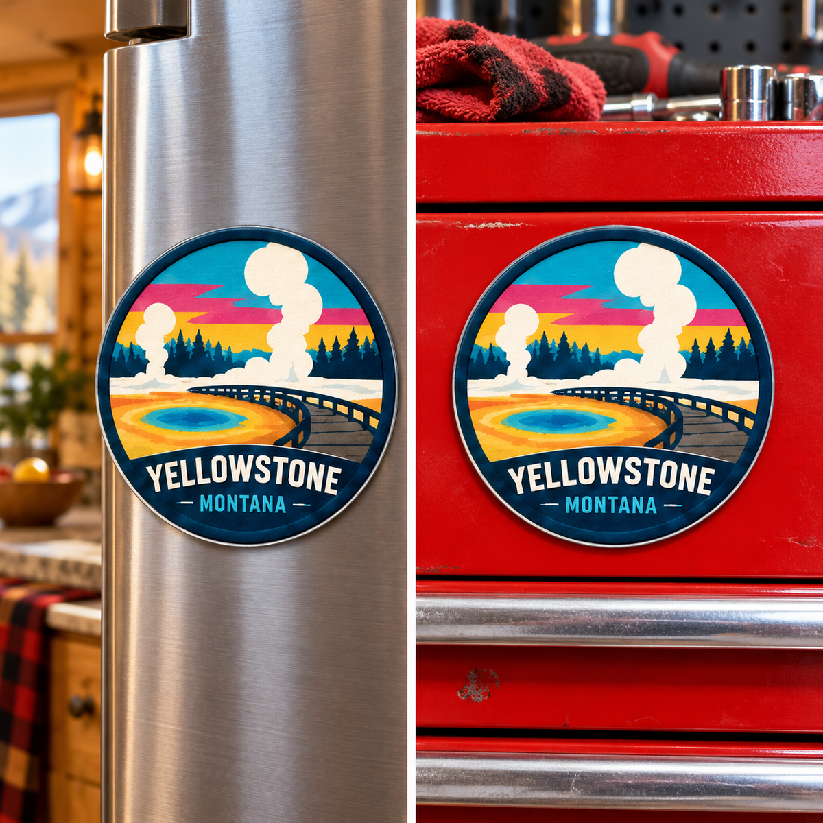 Yellowstone — Geyser Basin Magnet lifestyle scene: refrigerator and toolbox