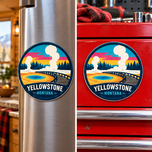 Yellowstone — Geyser Basin Magnet lifestyle scene: refrigerator and toolbox