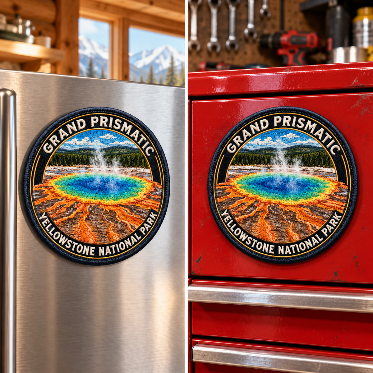 Yellowstone — Grand Prismatic Magnet lifestyle scene: refrigerator and toolbox