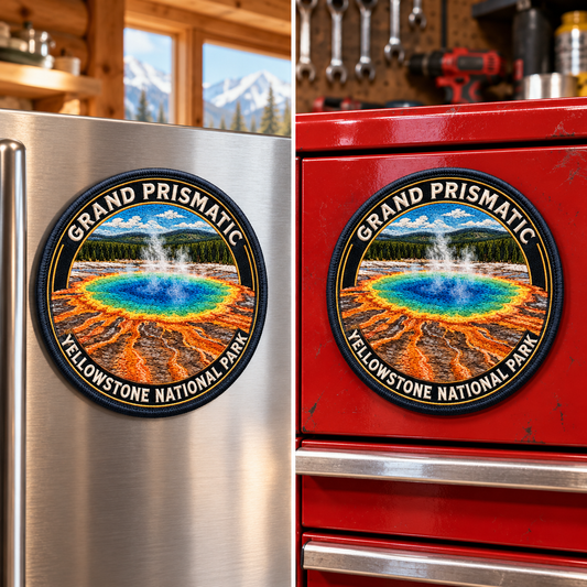 Yellowstone — Grand Prismatic Magnet lifestyle scene: refrigerator and toolbox