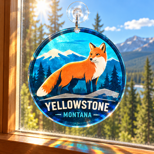 Yellowstone fox acrylic suncatcher in a sunny cabin window
