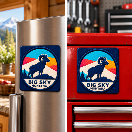Square Big Sky Bighorn Ram magnet shown on a refrigerator and toolbox