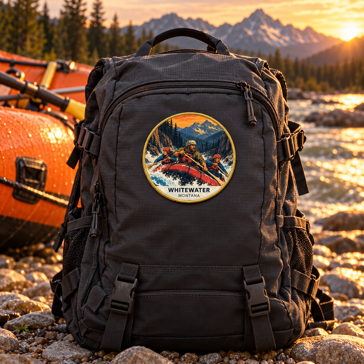 Whitewater Retro 2-inch patch shown on a backpack