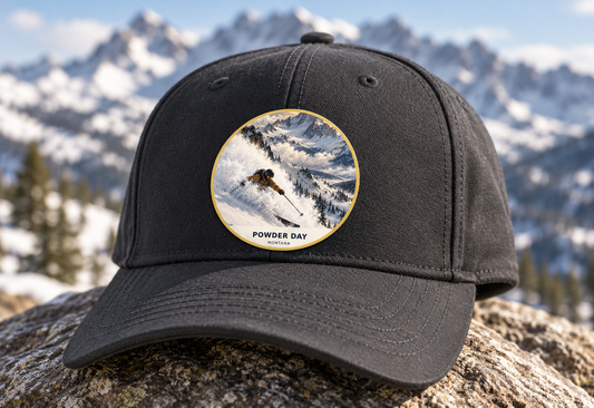 Powder Day Montana UV-printed patch attached to a cap