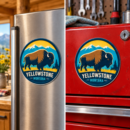 Yellowstone — Bison Magnet lifestyle scene: refrigerator and toolbox