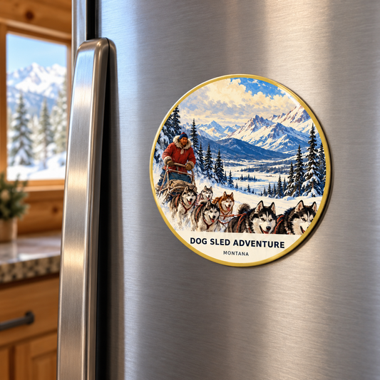 Dog Sled Adventure Classic printed magnet on a refrigerator