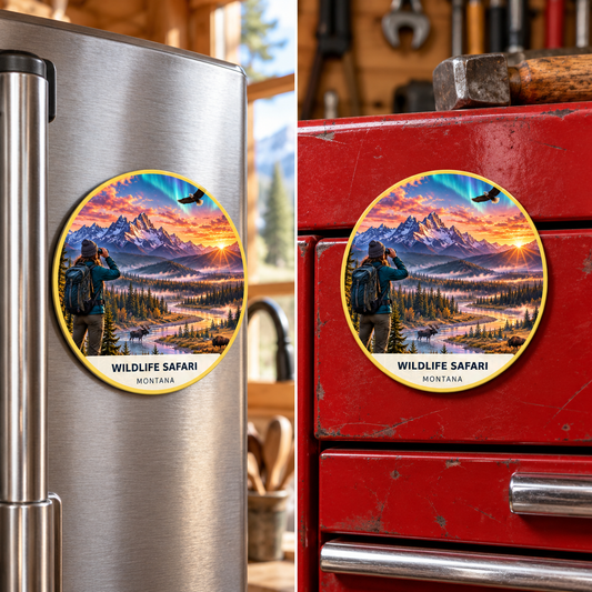 Wildlife Safari Magnet - Fusion shown on a refrigerator and toolbox