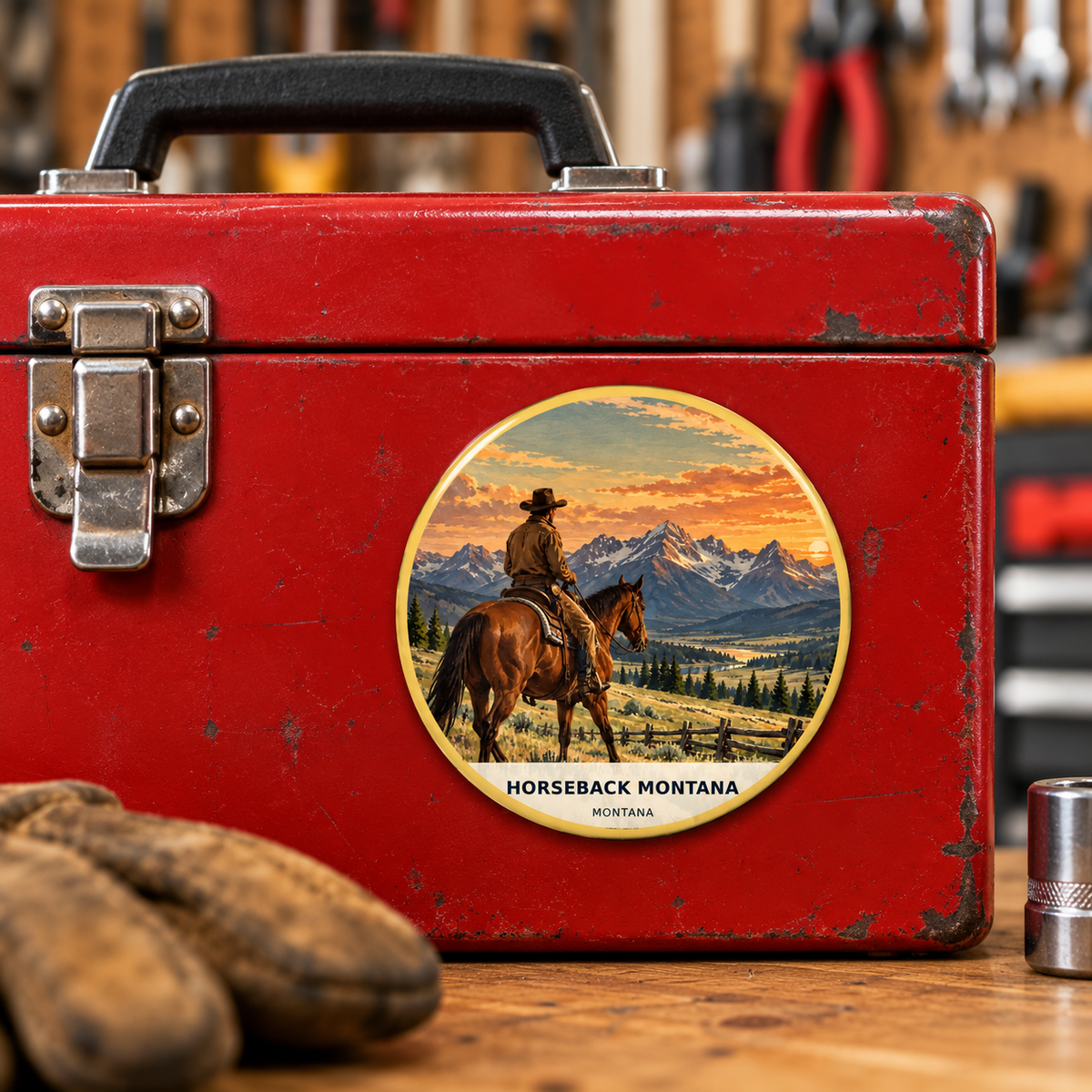 Horseback Montana Classic magnet lifestyle on toolbox