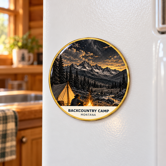 Backcountry Camp Signature magnet lifestyle on refrigerator