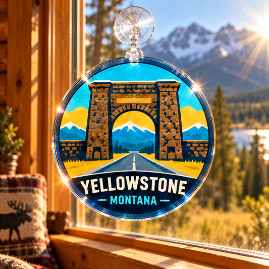 Yellowstone Yellowstone Entrance acrylic suncatcher hanging in a sunny cabin window