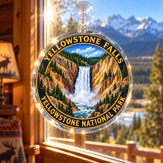 Yellowstone Yellowstone Falls acrylic suncatcher hanging in a sunny cabin window