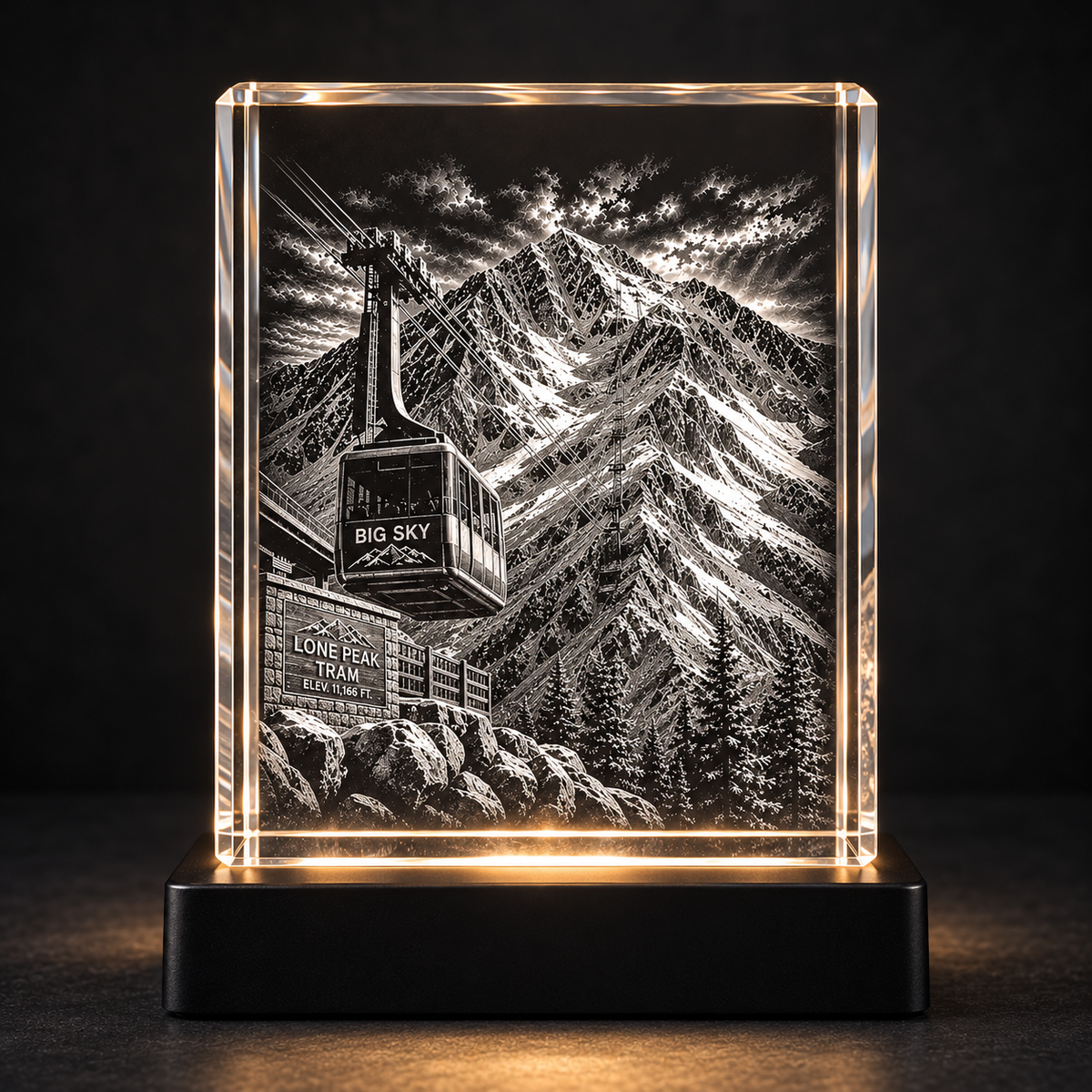 Lone Peak Tram K9 crystal with laser-etched mountain and tram on a black LED base