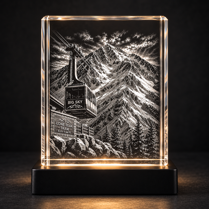 Lone Peak Tram K9 crystal with laser-etched mountain and tram on a black LED base