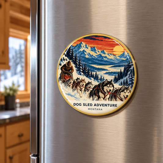 Dog Sled Adventure Retro printed magnet on a refrigerator