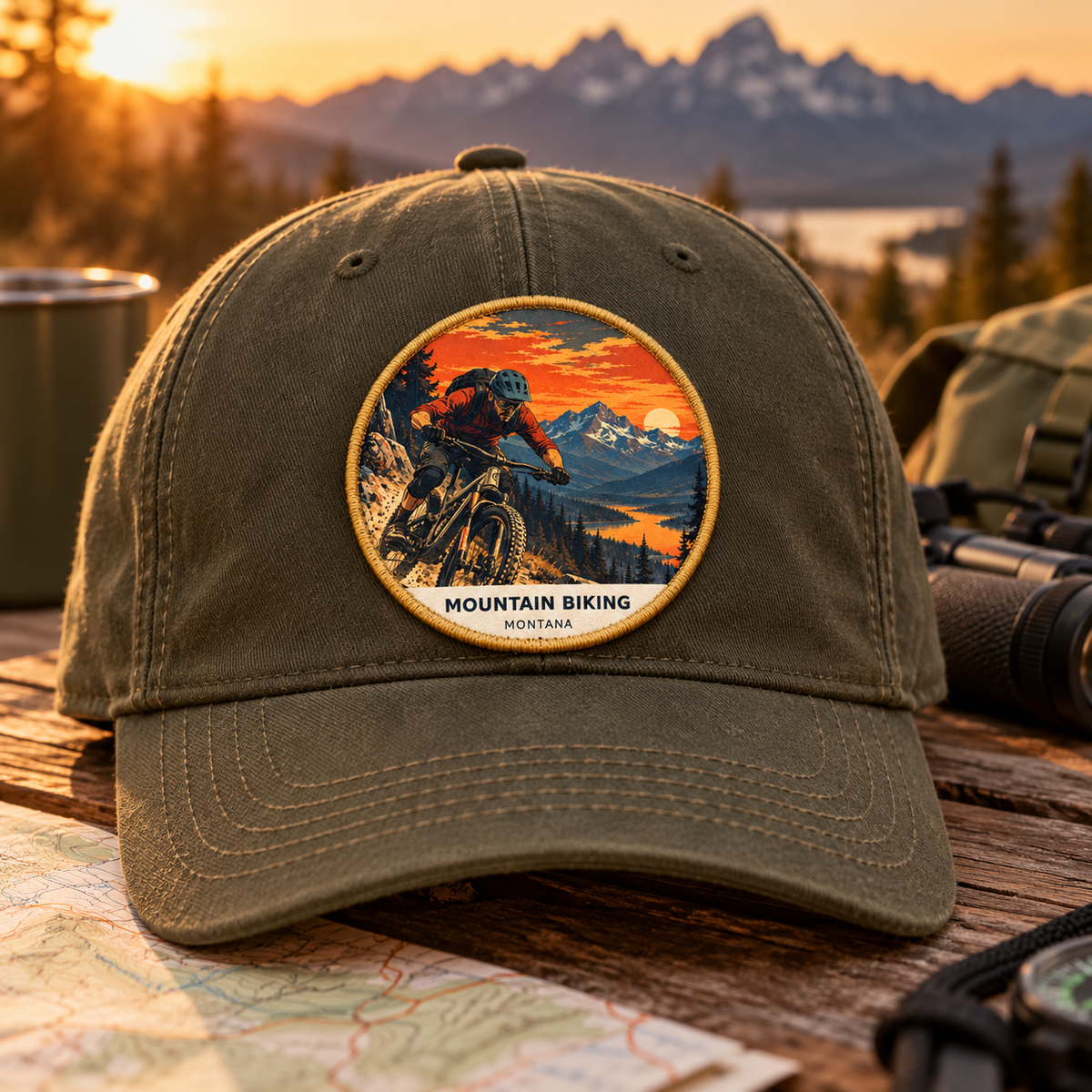 Mountain Biking Retro 2-inch patch shown on a cap