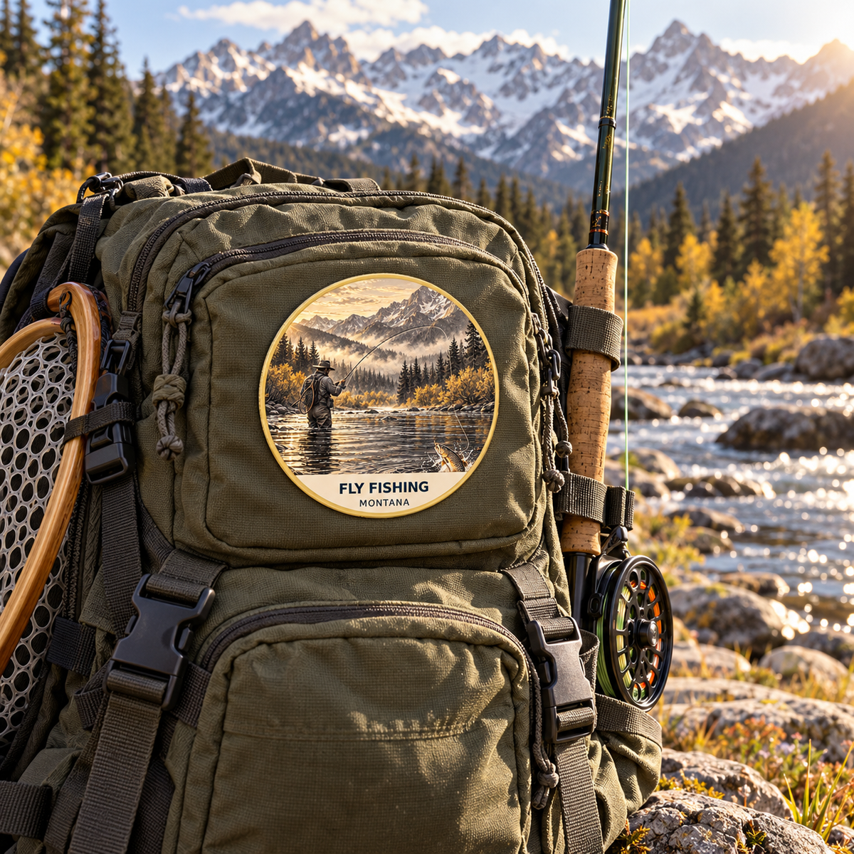 Fly Fishing Signature UV printed patch on a backpack