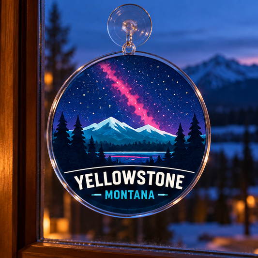 Yellowstone Night Sky acrylic suncatcher hanging in a cabin window