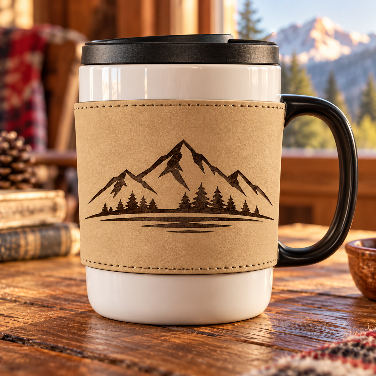 Big Sky leatherette mug sleeve fitted on a ceramic mug in a Montana cabin